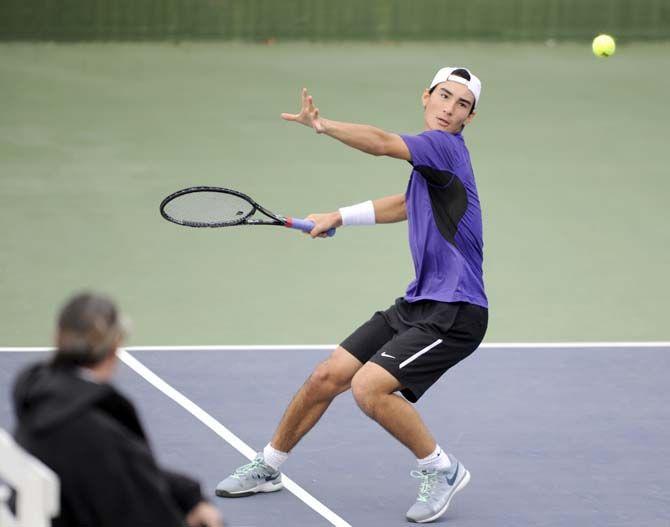 LSU freshman Simon Freund returns the ball on Saturday, Jan. 31, 2015, during the Tigers' 7-0 victory against Purdue at W.T. "Dub" Robinson Stadium.