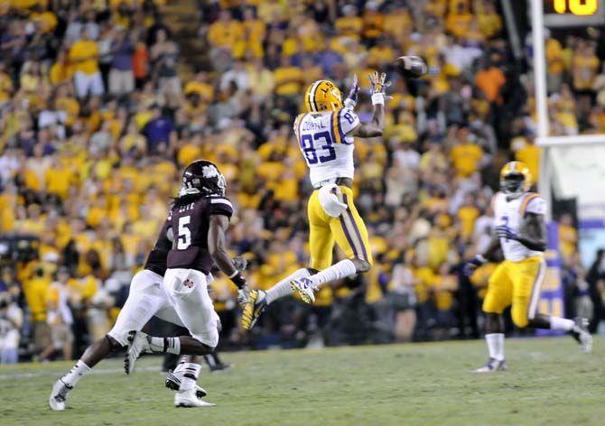 LSU sophmore wide receiver Travin Dural (83) receives a pass from sophmore quarterback Anthony Jennings (10) during the game against Mississippi State Saturday September 20, 2014 in Tiger Stadium where the Tigers lost 34-29.