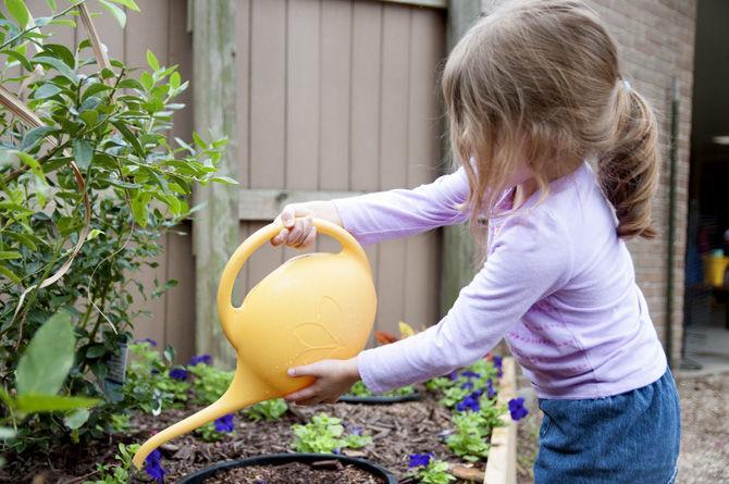 Carrie waters the plants and flowers that make up the Cajun Garden on Tuesday, Sept. 29, 2015, at the LSU Child Development Laboratory Preschool.