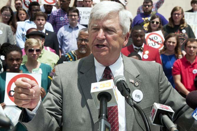 Senator Gerald Long speaks about state budget cuts and higher education during a protest on Wednesday, April 15, 2015 outside of the Capitol building.