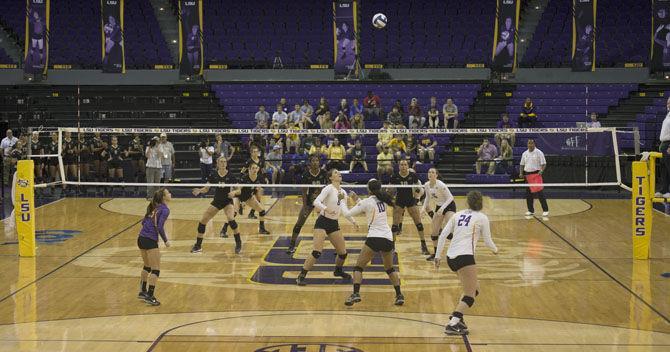 The LSU Volleyball team on Friday, Sept. 11, 2015 during the Tigers&#8217; loss against Purdue in the PMAC.