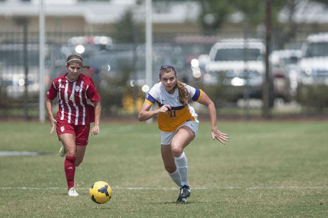 LSU sophomore forward Debbie Hahn (31) dribbles the ball during the Tigers' 4-0 victory over Indiana on Sunday, Sept. 09, 2015 at the LSU Soccer Stadium.