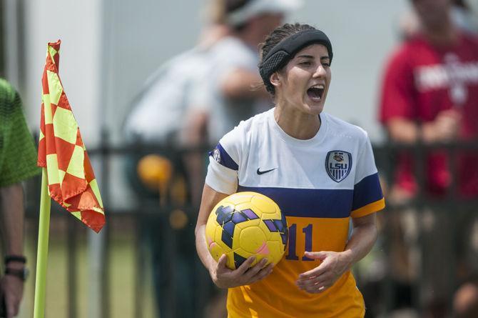 LSU senior midfielder Natalia Gomez-Junco (11) organizes her teammates before a corner kick during the Tigers' 4-0 victory over Indiana on Sunday, Sept. 09, 2015 at the LSU Soccer Stadium.