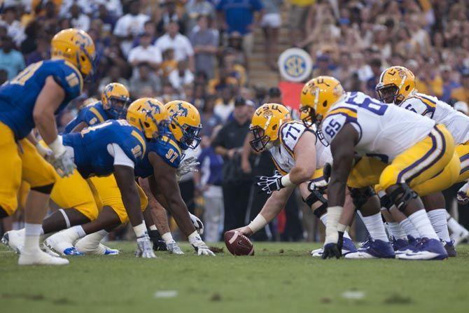 LSU lines up as the Tigers take on the Cowboys prior to the rain on Sept. 05, 2015, in Tiger Stadium.