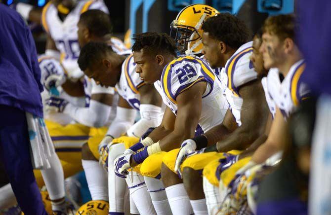 LSU sophomore safety Rickey Jefferson (29) watches the game from the sidelines Saturday, October 4, 2014 during the LSU Tigers' 41-7 loss against the Auburn Tigers in Jordan-Hare Stadium.