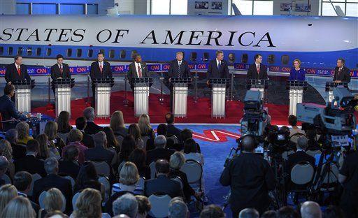 Republican presidential candidates, from left, former Arkansas Gov. Mike Huckabee, Sen. Marco Rubio, R-Fla., Sen. Ted Cruz, R-Texas, retired neurosurgeon Ben Carson, businessman Donald Trump, former Florida Gov. Jeb Bush, Wisconsin Gov. Scott Walker, businesswoman Carly Fiorina, and Ohio Gov. John Kasich, appear during the CNN Republican presidential debate at the Ronald Reagan Presidential Library and Museum on Wednesday, Sept. 16, 2015, in Simi Valley, Calif. (AP Photo/Chris Carlson)