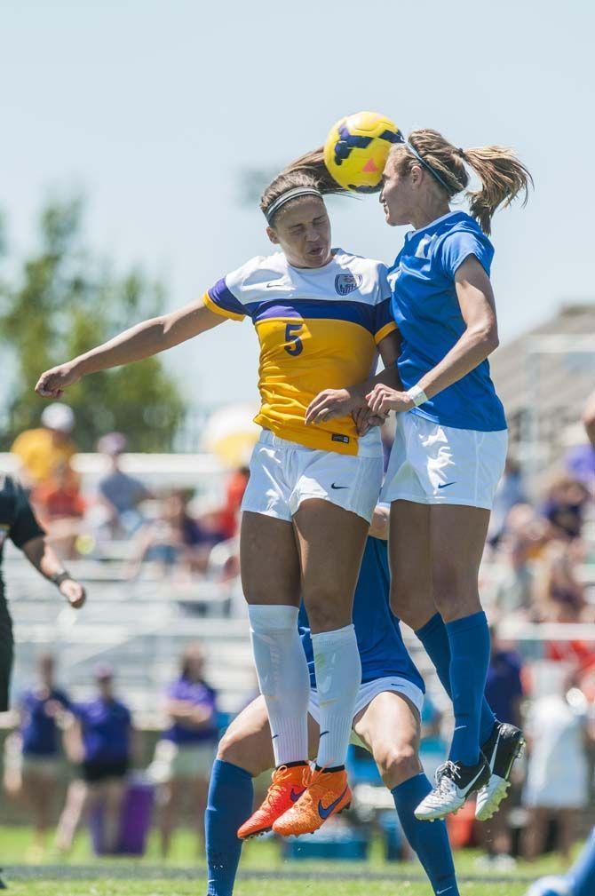 LSU sophomore forward Jorian Baucom (5) jumps for a header during the Tigers' 1-0 victory against Duke University on Sunday, Sept. 13, 2015, in the LSU Soccer Stadium.