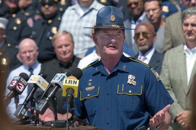 Louisiana State Police Col. Mike Edmonson gives a commemorating speech to the citizens and law enforcement at the rally on Monday Sept. 14, 2015, at the Louisiana State Capitol.