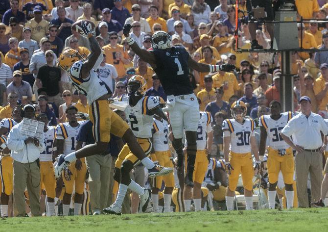 LSU sophomore safety Jamal Adams (33) intercepts the ball in the second quarter during the Tigers' 45-21 victory against Auburn on Saturday, Sept. 19, 2015 in Tiger Stadium