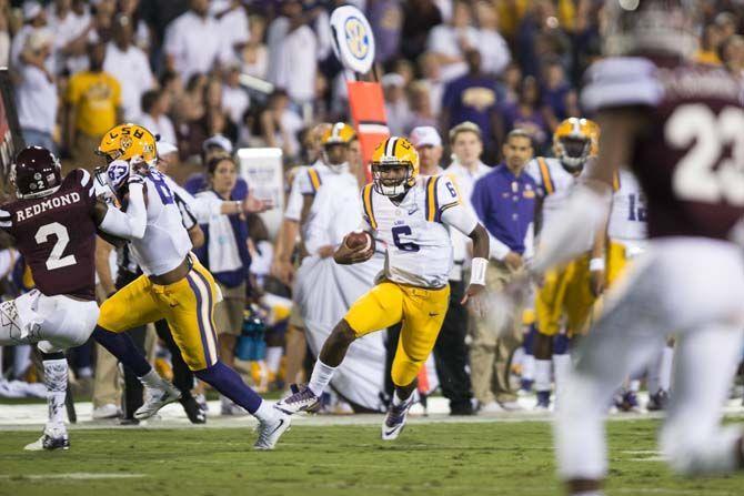 LSU Sophomore Quarterback, Brandon Harris (6), runs the ball past Mississippi State during the Tigers 21-19 win over the Bulldogs on Saturday, at Davis Wade Stadium.