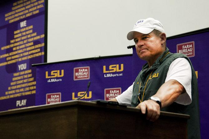 LSU football coach Les Miles addresses the media Wednesday, Sept. 2, 2015, in the Team Room of the LSU Football Operations Center.