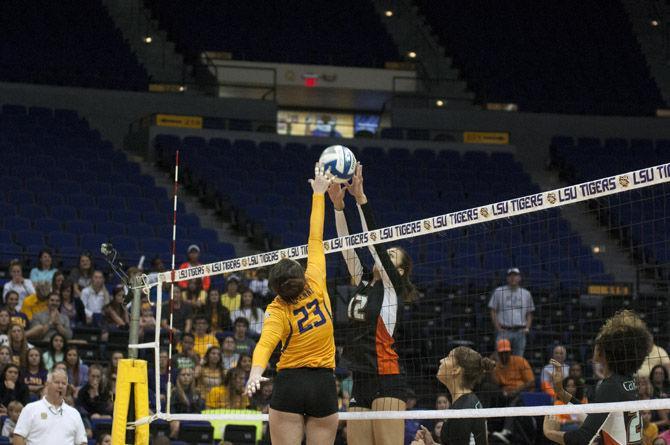 LSU sophomore Cheyenne Wood (23) goes one-on-one Sunday, Sept. 13, 2015, during the Tigers' 3-1 loss to Miami in the PMAC.