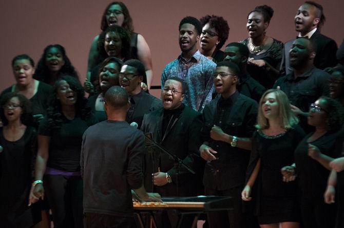 The LSU Gospel Choir performs "Lift Every Voice and Sing" on Thursday, Sept. 17, 2015, during the 26th Annual Harambee at the LSU Student Union Theater.