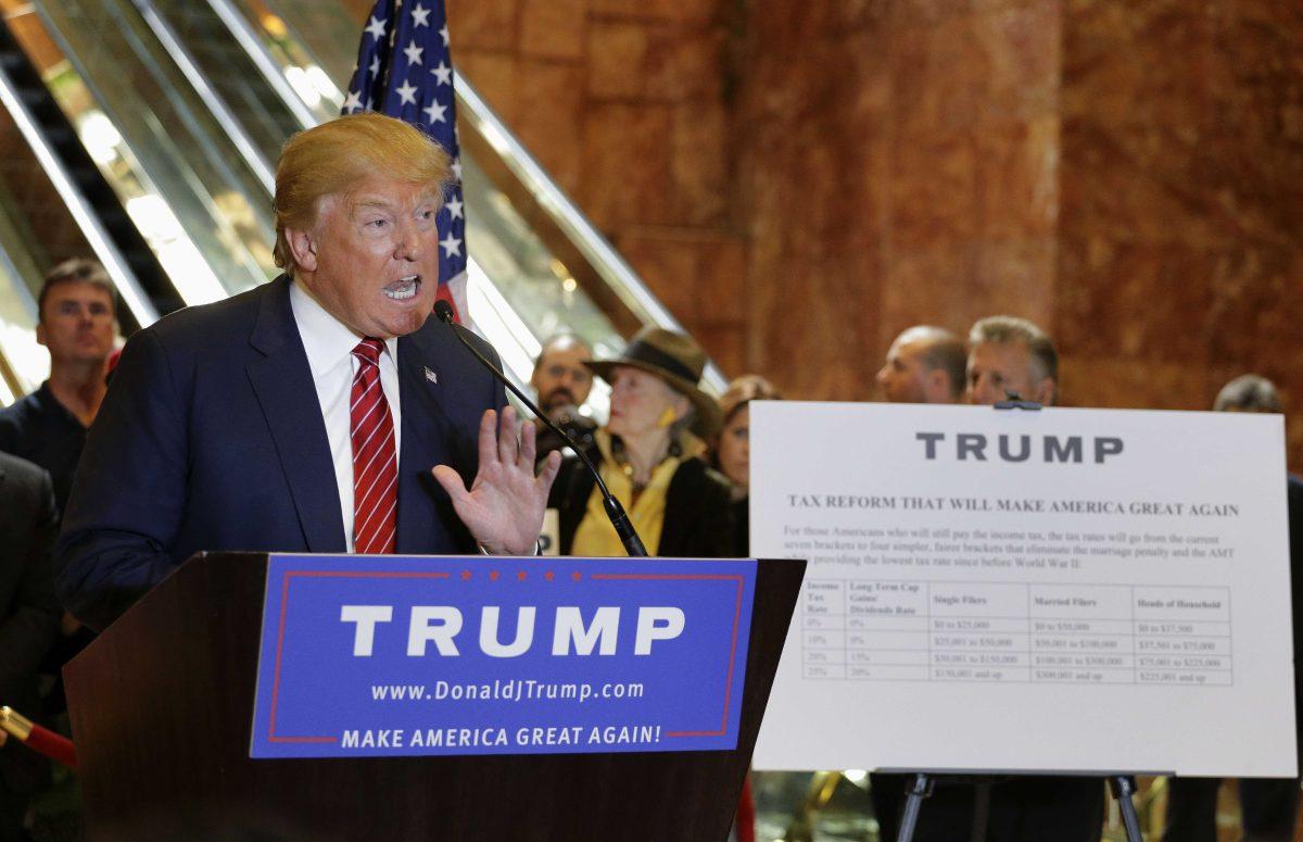 Republican presidential candidate Donald Trump talks about his tax plan during a news conference, Monday, Sept. 28, 2015, in New York. (AP Photo/Julie Jacobson)