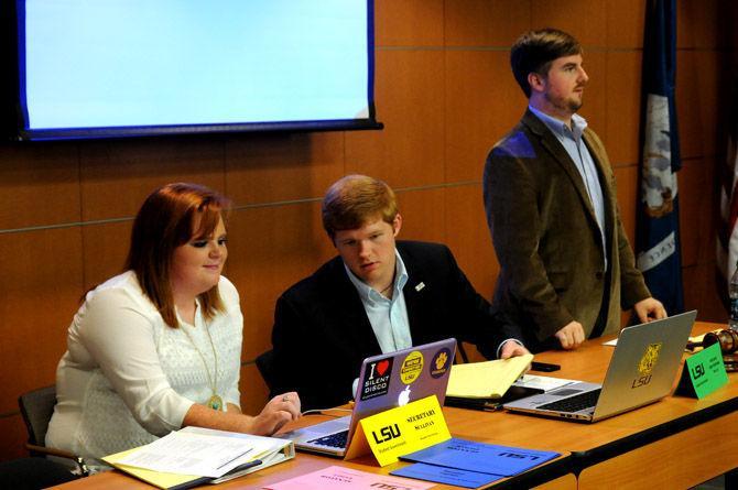 Secretary Heather Sullivan, Speaker pro tempore Andrew Mullet and Speaker Adam Grashoff prepare for business Wednesday, Aug. 26, during the Student Government meeting in the Student Union.