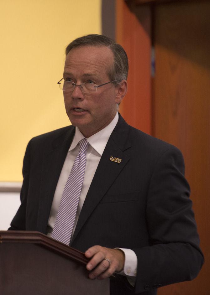 LSU president F. King Alexander takes the podium on Wednesday, Sept. 2, 2015, during the Faculty Senate meeting in Barnes and Noble.