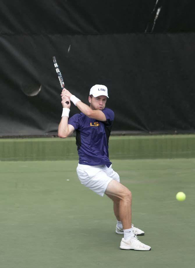 LSU then-sophomore Jordan Daigle returns the ball during the Tigers' 6-1 victory against Arkansas on Sunday, March 29, 2015 in the W.T. "Dub" Robinson Stadium.