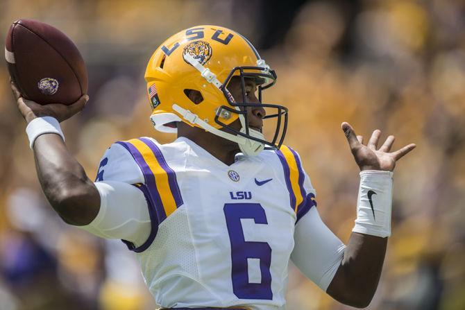 LSU sophomore quarterback Brandon Harris (6) trhows the ball before the start of the Tigers&#8217; 45-21 victory against Auburn on Saturday, Sept. 19, 2015 in Tiger Stadium