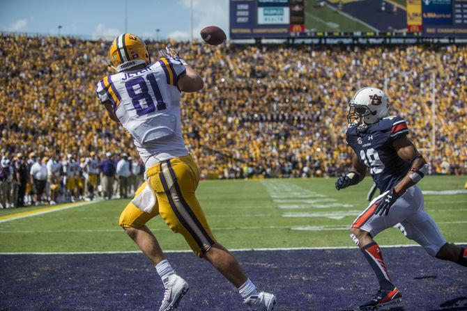 LSU junior tight end Colin Jeter (81) catches the ball for a touchdown during the Tigers’ 45-21 victory against Auburn on Saturday, Sept. 19, 2015 in Tiger Stadium