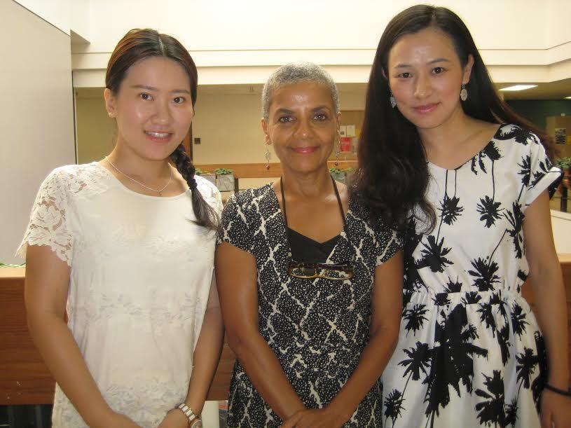 Landscape architecture graduate students&#160;Ziding Liu (left) and Xian Li (right) stand alongside their landscape architecture instructor, Diane Jones Allen (middle).