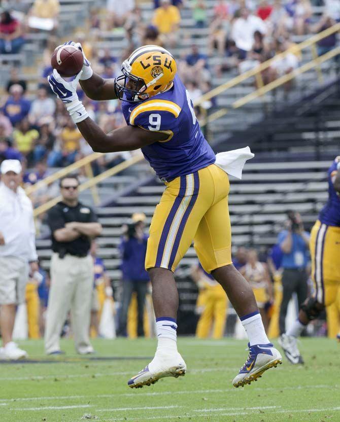 LSU sophomore wide receiver John Diarse (9) catches the ball during LSU white squad's 45-6 victory over LSU purple squad during the annual Spring Football game on Saturday, April 18, 2015 in Tiger Stadium.