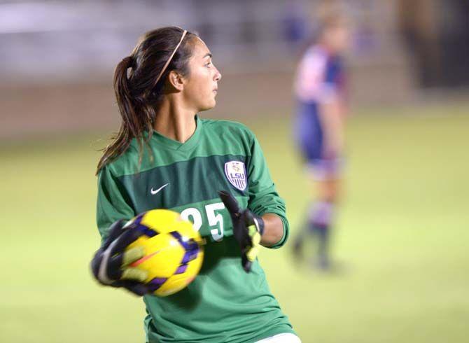 LSU junior goalkeeper Catalina Rubiano (25) looks to throw the ball downfield during the Tigers' 2-0 loss against Auburn Thursday, October 30, 2014 in the LSU soccer statium.