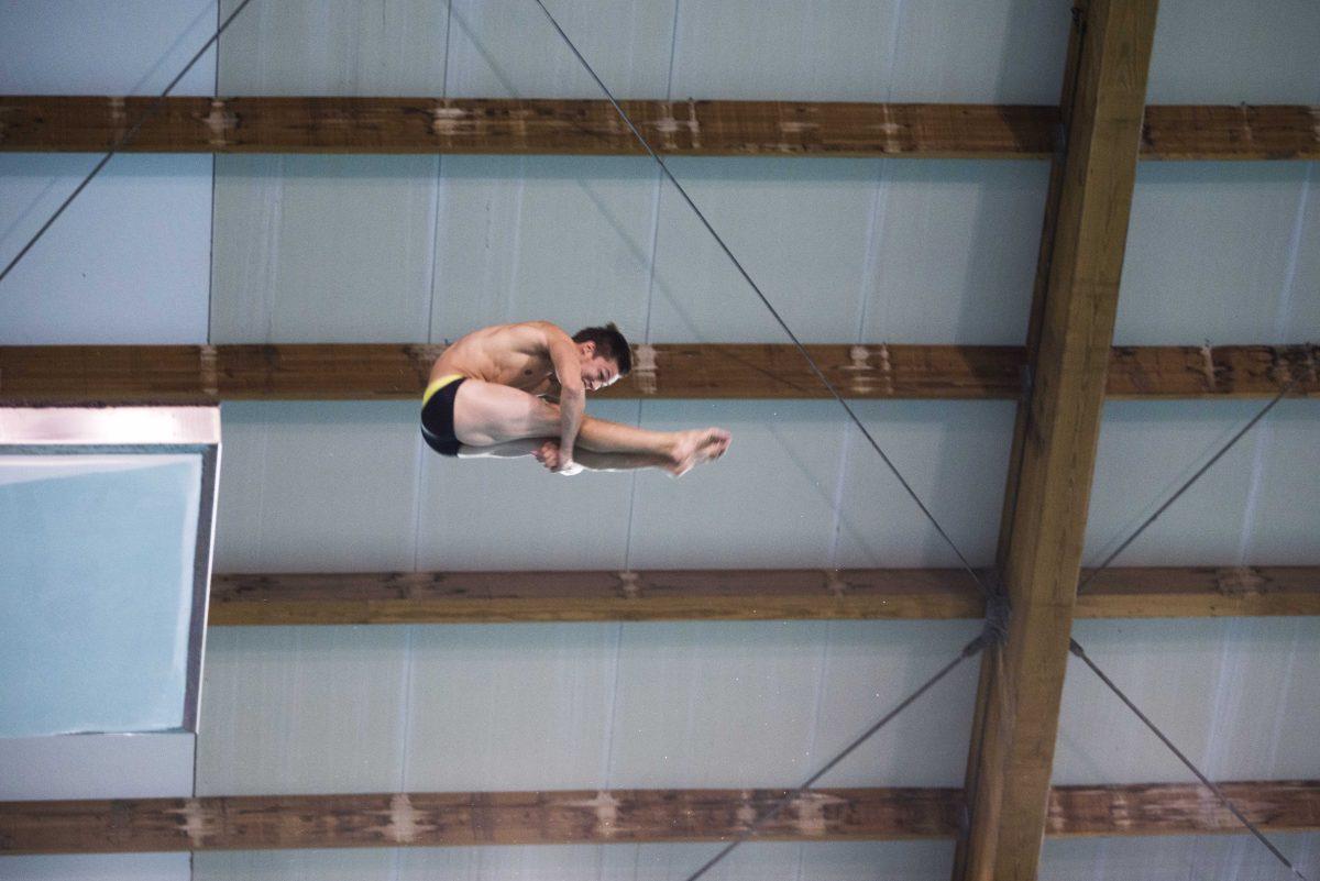 LSU junior diver Andrew Suchla performs a somersault Friday, Sept. 25, 2015, during the LSU Swimming and Diving meet in the Natatorium.