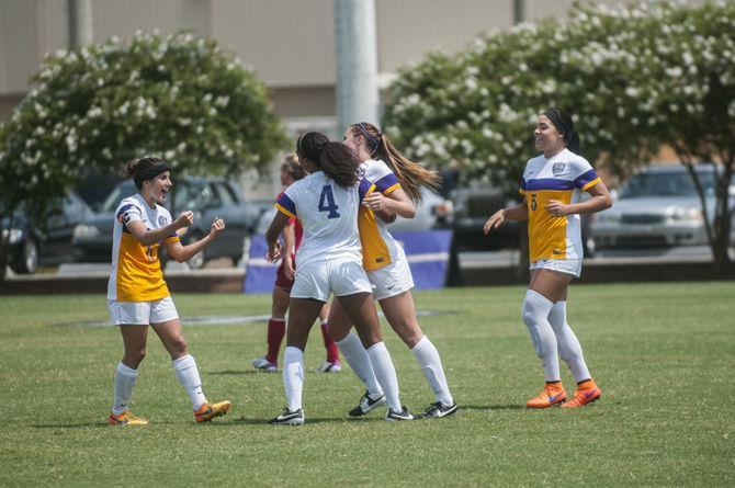 LSU senior midfielder Natalia Gomez-Junco celebrates with her teammates after junior forward Summer Clarke (4) scored the first goal of the game during the Tigers' 4-0 victory over Indiana on Sunday, Sept. 09, 2015 at the LSU Soccer Stadium.