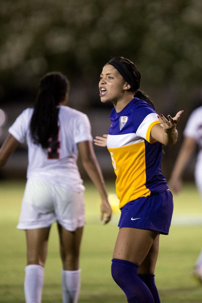 LSU sophomore Jorian Baucom (5) gets angry Friday, Sept. 5, 2015, during the Tigers' 1-1 tie against Ball State at LSU Soccer Stadium.