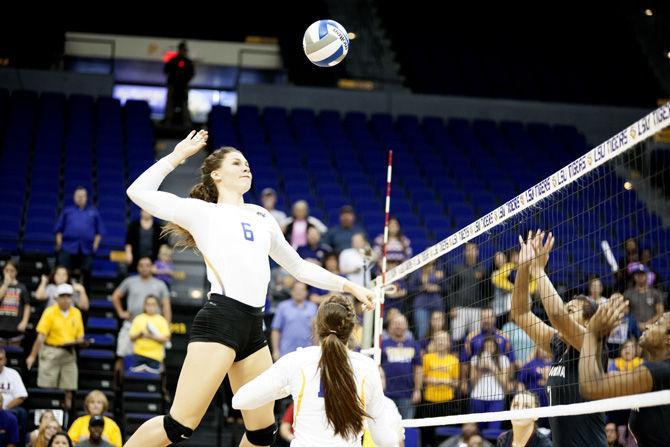 LSU junior Tiara Gibson (6) spikes the ball Sunday, Sept. 27, 2015, during the Tigers' 3-0 victory over South Carolina in the PMAC.