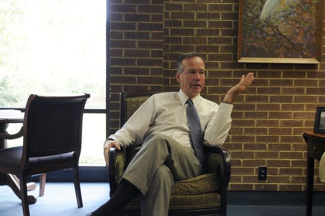 LSU President and Chancellor F. King Alexander speaks with writers on Thursday, Aug. 20, 2015, in the System Building.