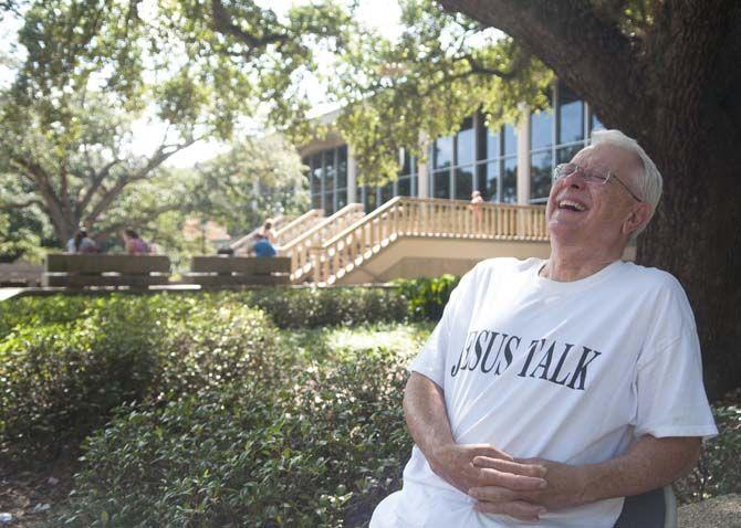 Ivan Imes, "Jesus Talk Guy," sits outside the Student Union on Thursday, September 3, 2015, available to any students seeking advice on God, faith and school.