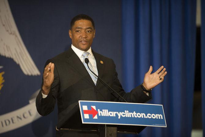 U.S. Rep. Cedric Richmond gets the audience rallied up for democratic Presidential candidate Hillary Clinton on Monday, Sept. 21, 2015, during a grassroots organizing event in Baton Rouge.