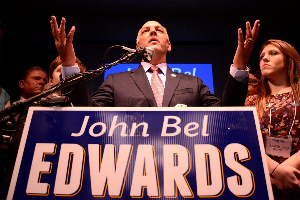 Democratic State Rep. John Bel Edwards rallies and congratulates supporters on Saturday, Oct. 25 after winning about 40 percent of the vote for his gubernatorial bid. Edwards will advance to a runoff Nov. 21 against Republican U.S. Sen. David Vitter.&#160;