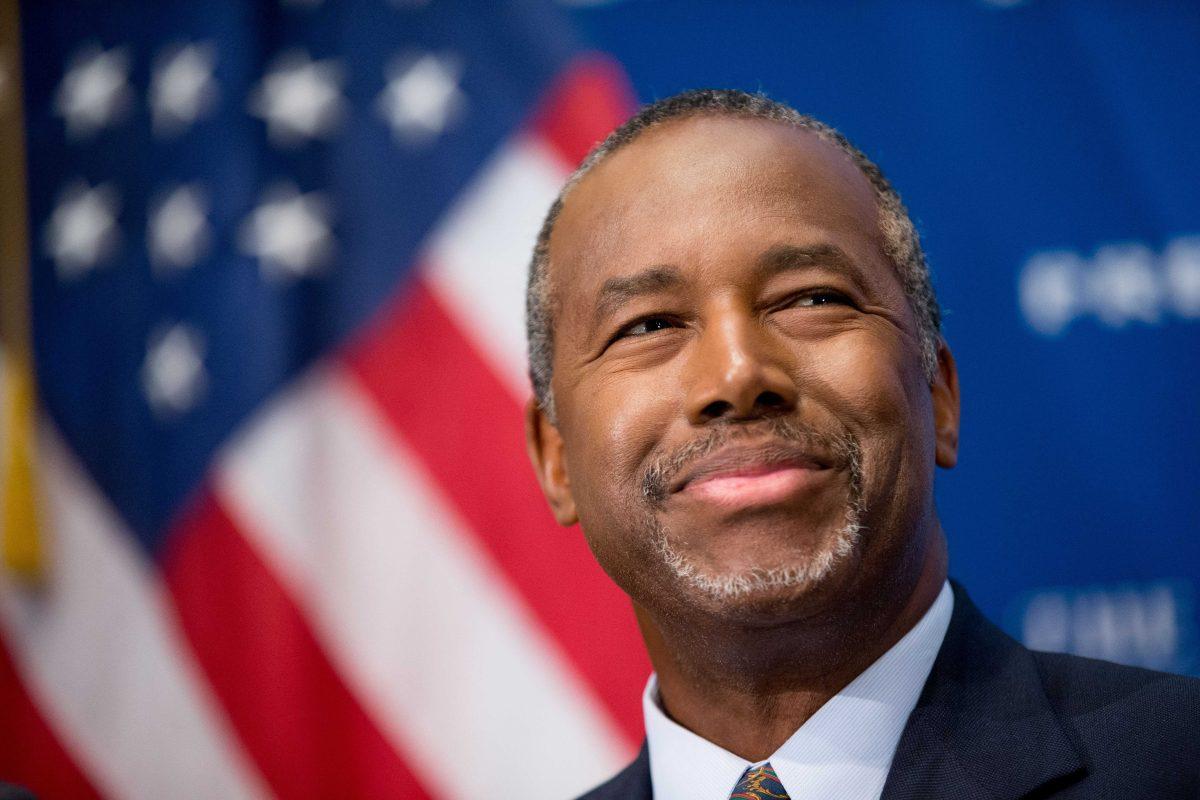 In this Oct. 9, 2015 photo, Republican presidential candidate Dr. Ben Carson speaks at a luncheon at the National Press Club in Washington. In the past week, Republican presidential candidate Ben Carson has suggested the Holocaust wouldn't have happened if Jews in Europe were better armed, said gun control is a bigger tragedy than a bullet-riddled body and that the best way to confront a mass shooter is to rush the gunman. (AP Photo/Andrew Harnik)