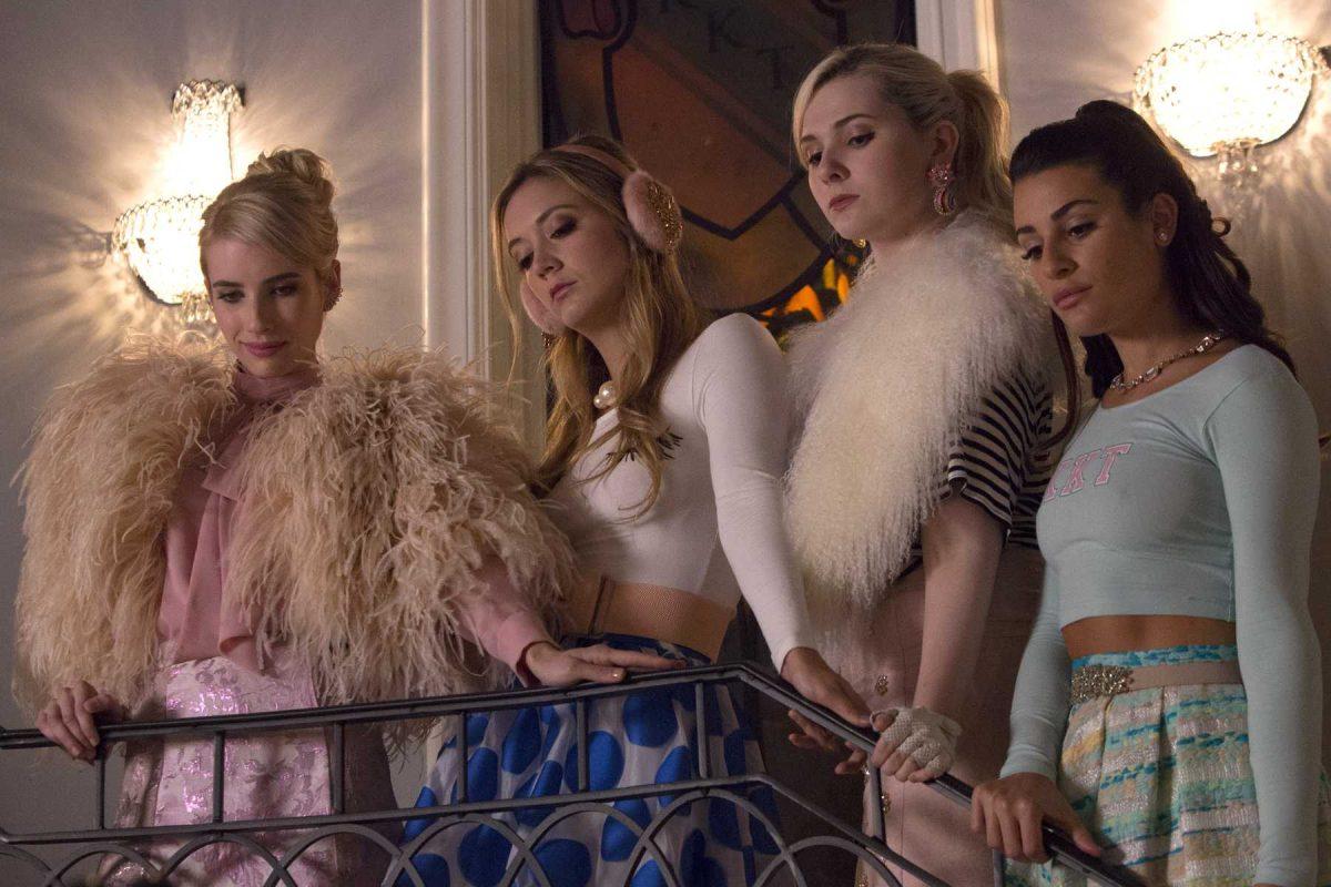 SCREAM QUEENS: Pictured L-R: Emma Roberts as Chanel Oberlin, Billie Lourd as Chanel #3, Abigail Breslin as Chanel #5 and Lea Michele as Hester in the "Haunted House" episode of SCREAM QUEENS airing Tuesday, Oct. 6 (9:00-10:00 PM ET/PT) on FOX. &#169;2015 Fox Broadcasting Co. Cr: Hilary Gayle/FOX.