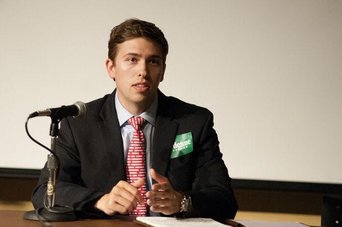 Political science junior Myles Sonnier represents gubernatorial candidate Jay Dardenne during the LSU Student Government mock debate on Oct. 21, 2015, in the Live Oak Lounge of the Student Union.