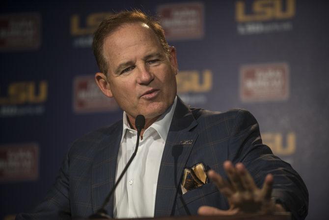 <p>LSU coach Les Miles addresses the media during his weekly Subway Fresh Take by Les Miles’ press conference on Monday, Sept. 28, 2015 in the athletic administration building.</p>