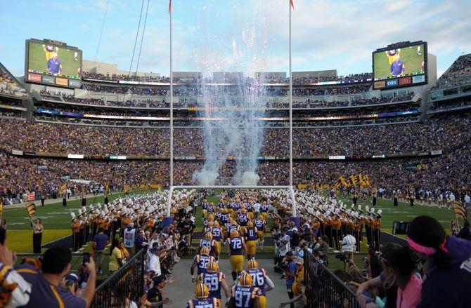 LSU football team runs out onto the field to start the game against Eastern Michigan Saturday October 3 2015, in Tiger Stadium.