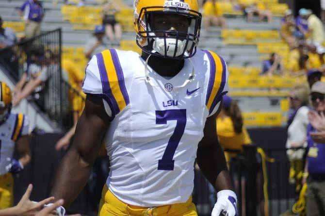 <p>LSU sophomore running back Leonard Fournette (7) makes his way out of the tunnel onto the field to play against Auburn on Saturday Sept. 19, 2015, in Tiger Stadium.</p>