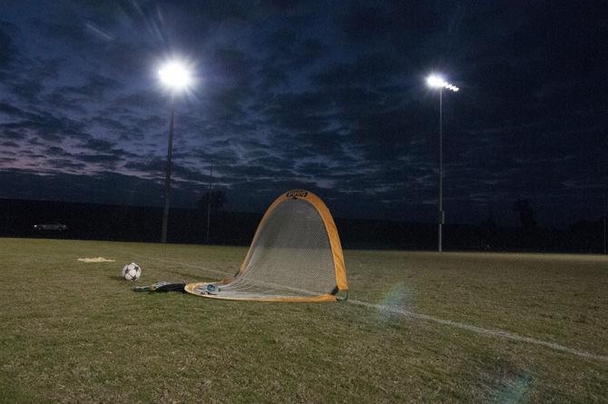 Miniature goals are used Monday, Oct. 5, 2015, during a pickup soccer game at the UREC Field Complex.