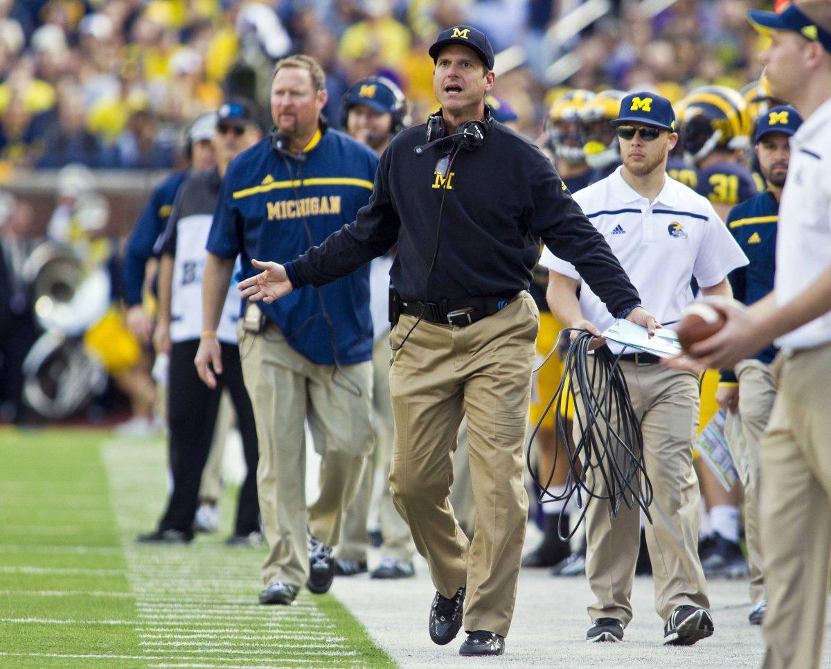 <p>Michigan head coach Jim Harbaugh reacts on the sideline in the second quarter of an NCAA college football game against Northwestern in Ann Arbor, Mich., Saturday, Oct. 10, 2015. (AP Photo/Tony Ding)</p>