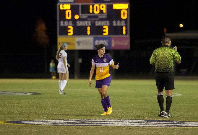 LSU senior midfielder Natalia Gomez-Junco (11) goes back to her respective position on Friday, Oct. 9, 2015 during the Tigers&#8217; 2-1 win against the University of Missouri the at the LSU Soccer Stadium.