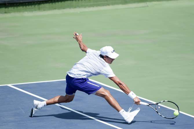 LSU sophomore Justin Butsch hits the ball during the Tiger's 4-1 victory against Vanderbilt on Sunday, March 15, 2015, at the W.T 'Dub' Robinson Stadium.