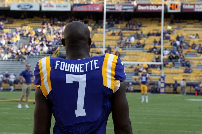 LSU sophomore running back Leonard Fournette (7) watches his teammates practice Saturday, Sept. 3, 2015, during the Tigers' 44-22 victory over Eastern Michigan University in Tiger Stadium.