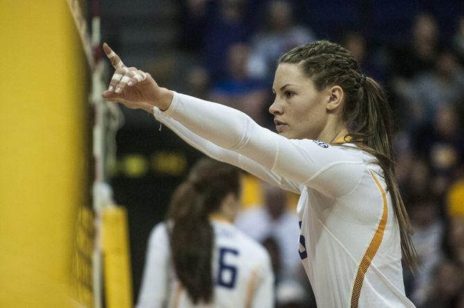 LSU junior middle blocker Tiara Gibson (9) stands by the net during the Tigers' 3-2 defeat against The University of Alabama on Sunday Oct. 18, 2015, in the Pete Maravich Assembly Center.