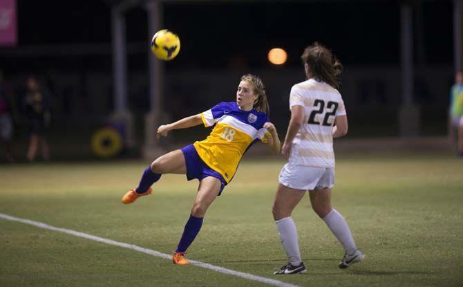 LSU freshman forward Gabriela Maldonado (18) tries to keep the ball in bounds while defending against Vanderbilt University senior forward/defender Kelsey Tillman (22) during the LSU vs Vanderbilt University game on Friday Oct. 2, 2015, at the LSU Soccer Stadium.