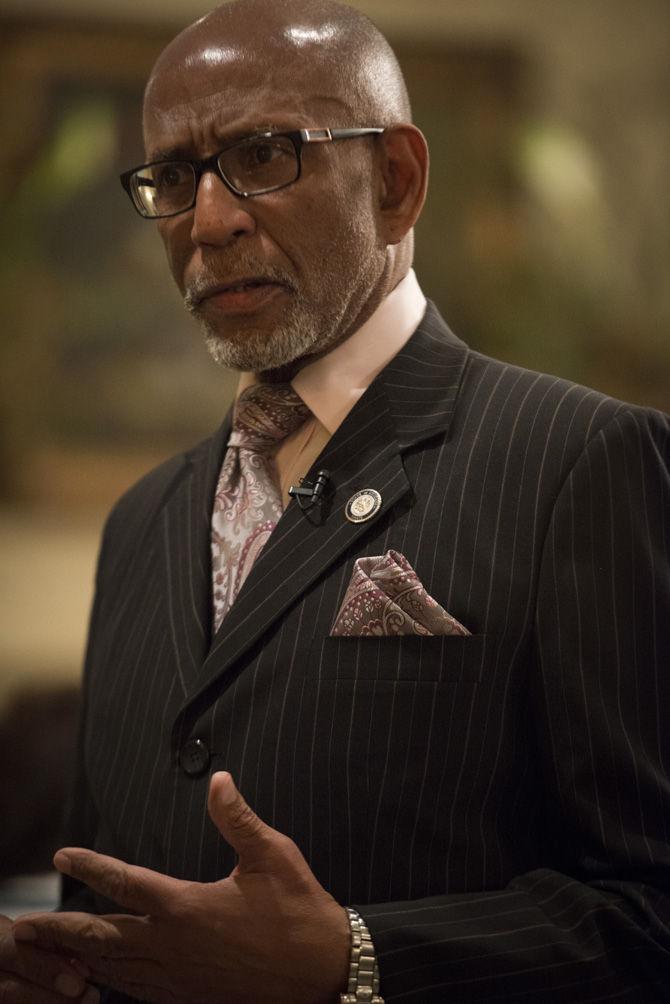 Lt. governor candidate Elbert Guillory talks to an attendee on Thursday, Sept. 17, 2015, before the LWVision 2015 Reality Check Luncheon at Drusilla Place in Baton Rouge.