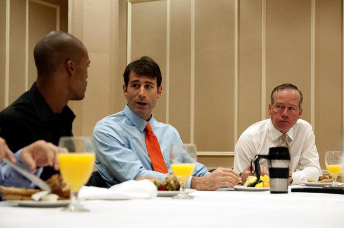 Congressman Garret Graves and LSU President F. King Alexander meet with students to discuss important issues Monday, Oct. 5, 2015, during "Grub with Garret" in the Vieux Carre room of the Student Union.