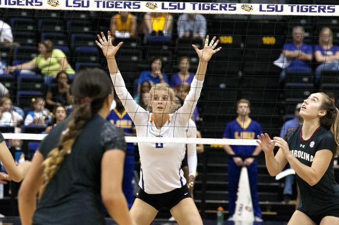 LSU freshman Olivia Bayer (8) leads the defensive formation Sunday, Sept. 27, 2015, during the Tigers' 3-0 victory over South Carolina in the PMAC.